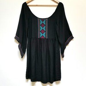 ROXY Sunset City 2 Tropical Embroidered Black Shift Dress with Dolman Sleeves